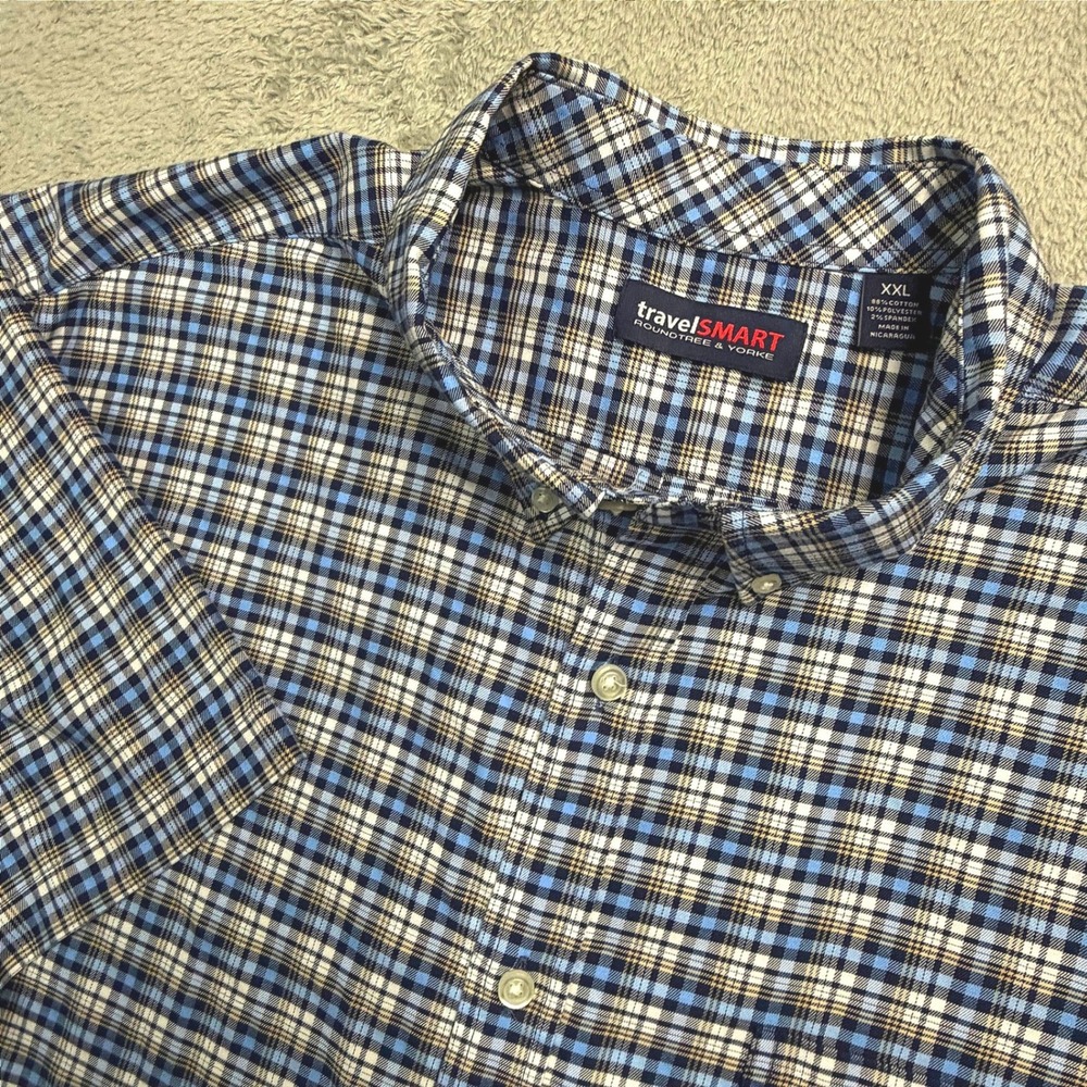 Roundtree & Yorke TravelSmart Mens XXL Blue Plaid Short Sleeve Button Down Shirt